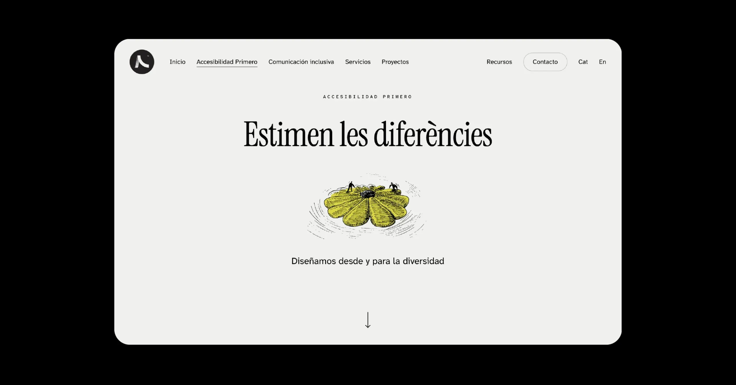 La portada de la web de Accesibilidad Primero con el titular «Estimen les diferències» en Instrument Serif y el resto de textos en Atkinson Hyperlegible Next.