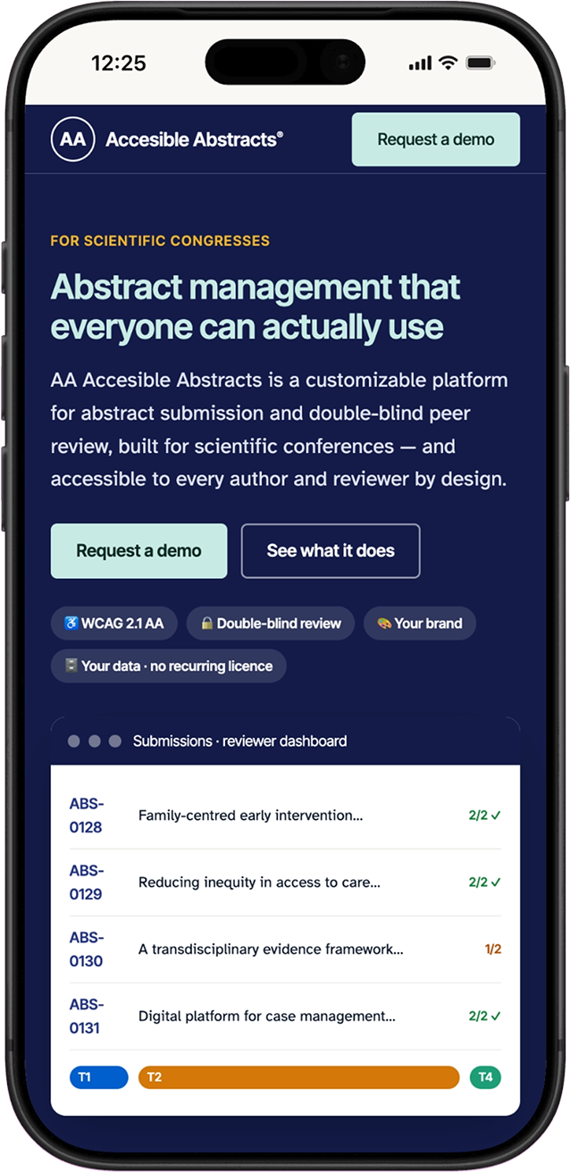 La plataforma Accessible Abstracts en un móvil: el titular «Abstract management that everyone can actually use», los botones de demostración y un panel con cuatro abstracts enviados y su estado de revisión.