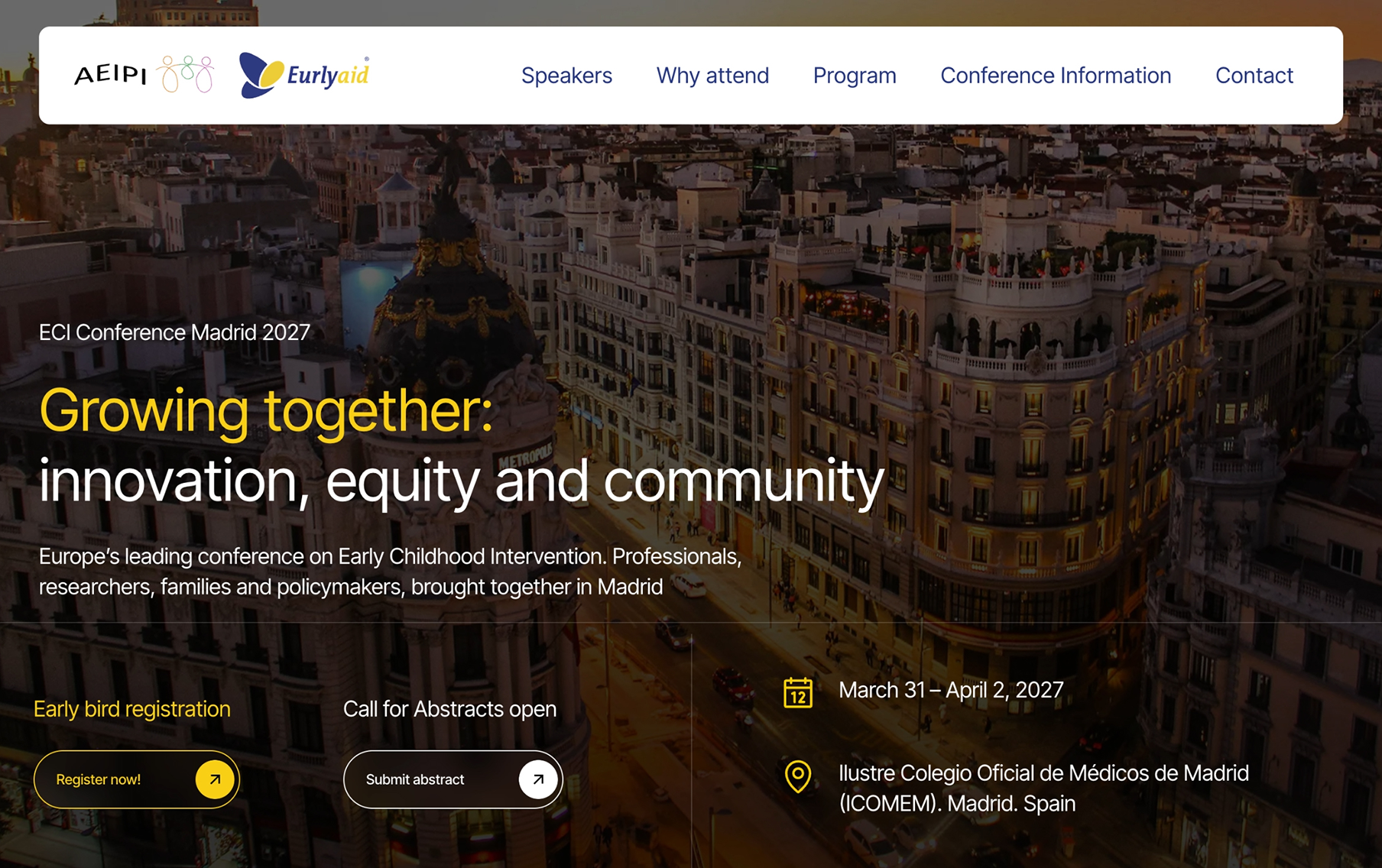Portada del congreso sobre una fotografía nocturna de la Gran Vía de Madrid, con el titular «Growing together: innovation, equity and community», los botones de inscripción anticipada y de envío de abstracts, y la fecha y la sede.
