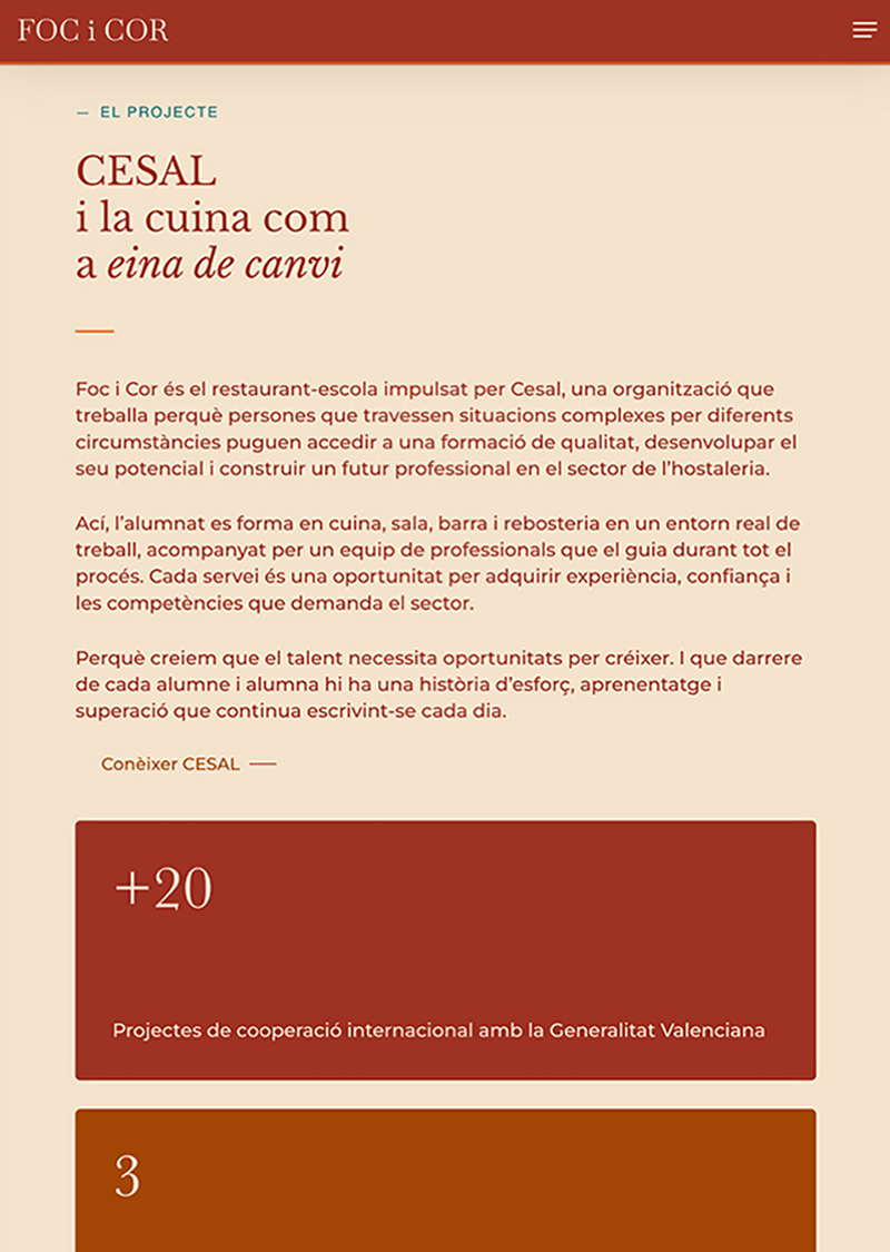 Página del proyecto: «CESAL i la cuina com a eina de canvi», tres párrafos sobre la escuela-restaurante y, debajo, fichas de color con las cifras del programa.